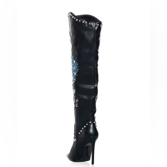 AZALEA WANG Black Leather Embellished Thigh High Boots - Picture 4 of 4